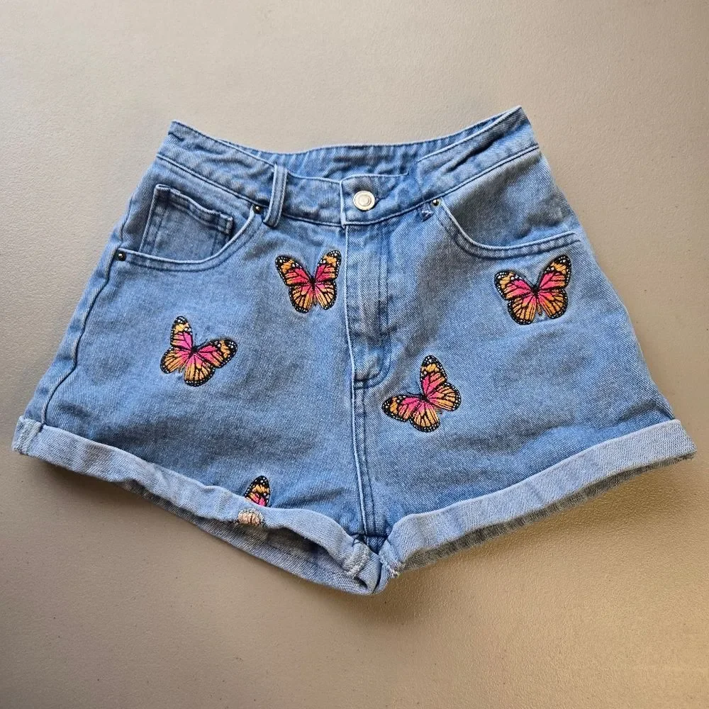 Fashion Nova Butterfly Embroidered Denim Shorts